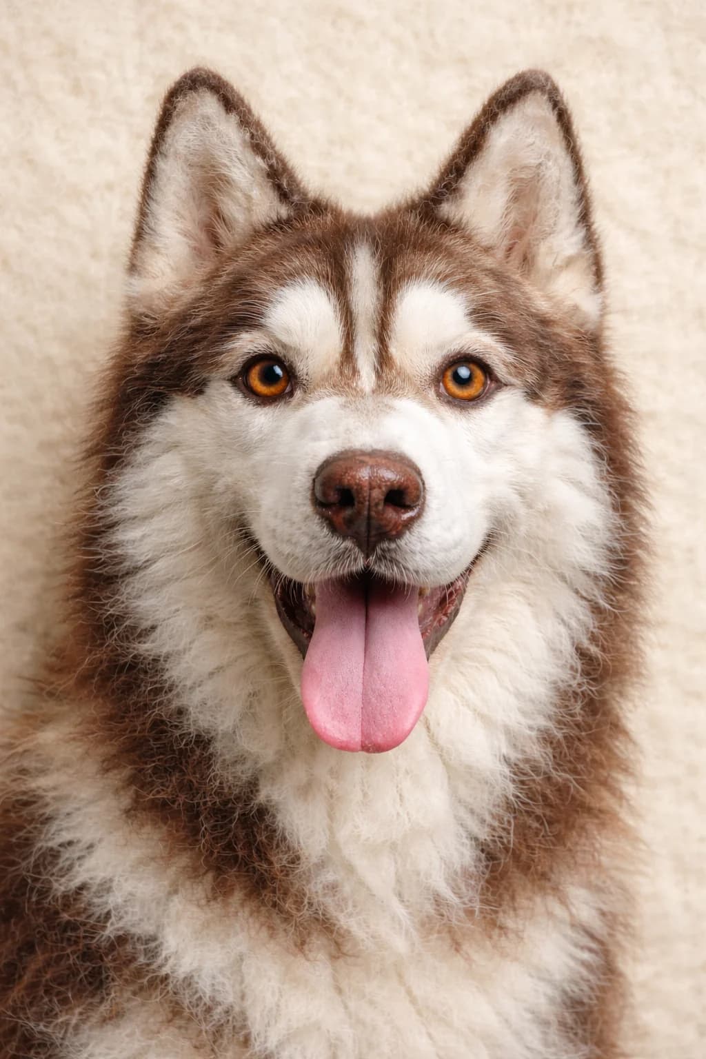A husky reimagined as a needle-felted wool portrait