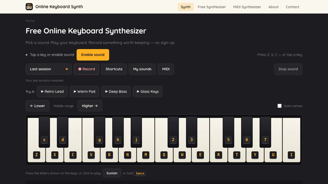 Online Keyboard Synth screenshot