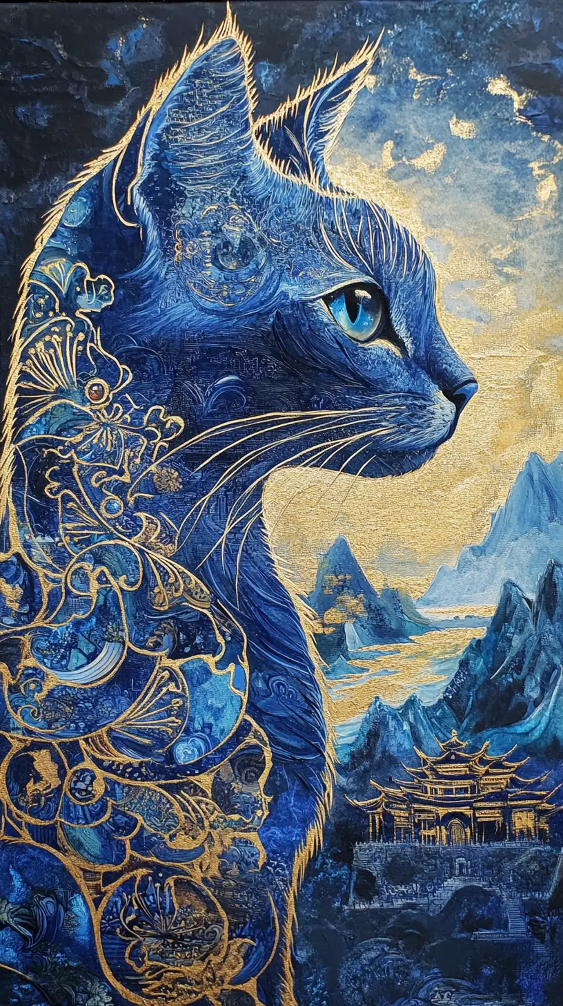 blue and gold painting of a cat