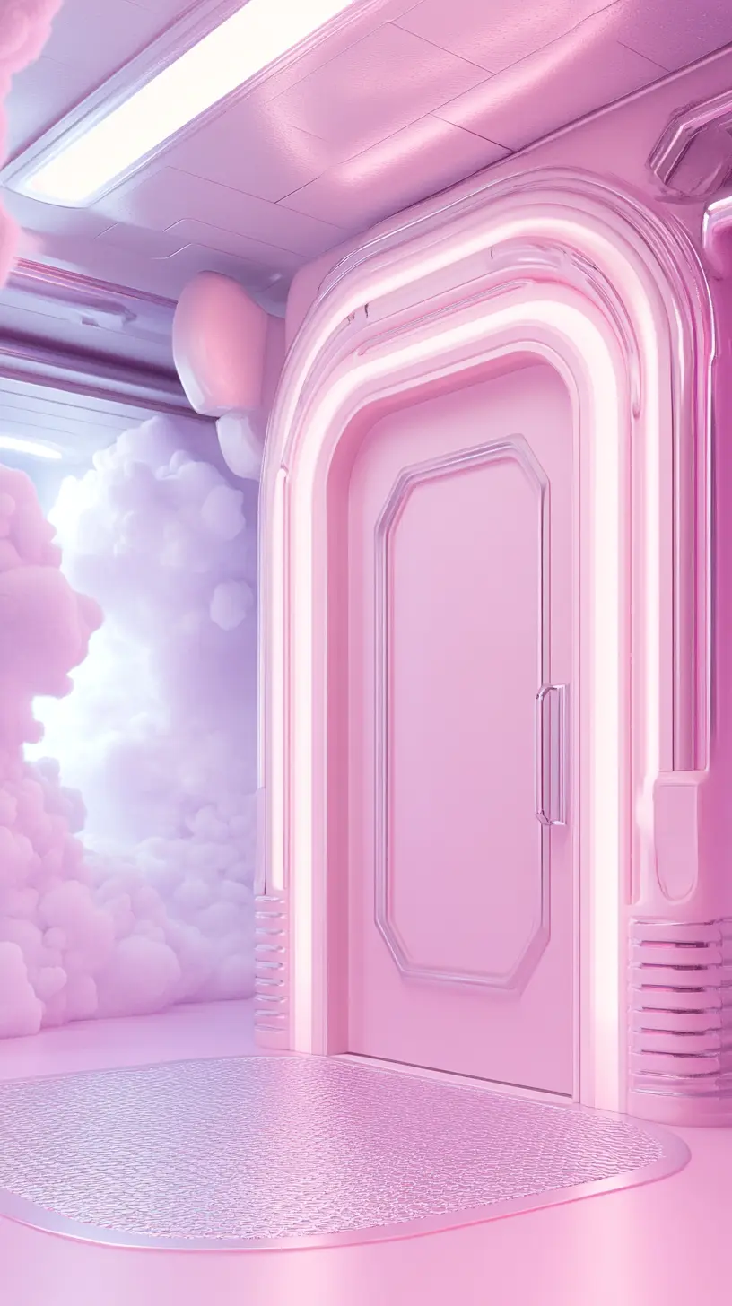 A pink door in a surrealistic spaceship