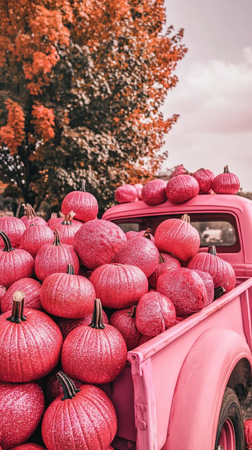  pink truck filled with glittery pumpkins